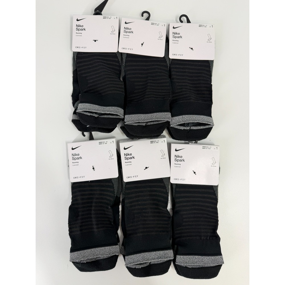 6 Pairs Nike Spark Cushioned No Show Running Socks Black Size 8-9.5 CU7201-010